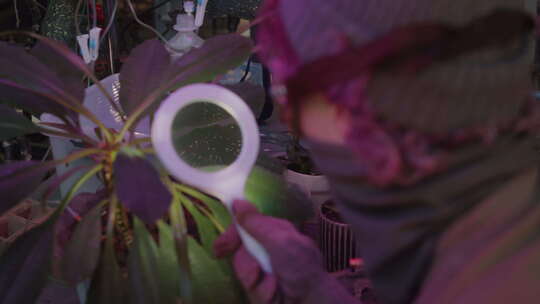 女孩在后启示录掩体中用放大镜检查植物叶片视频素材模板下载