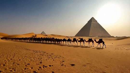 沙漠中金字塔旁的骆驼队伍