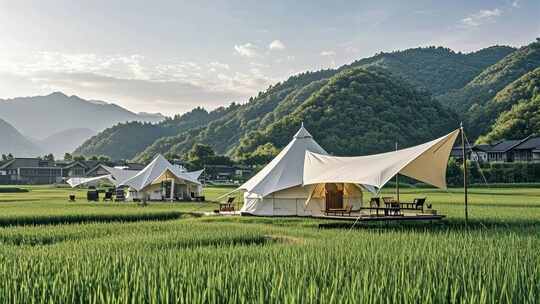 旅游度假豪华露营帐篷山谷户外休闲场景