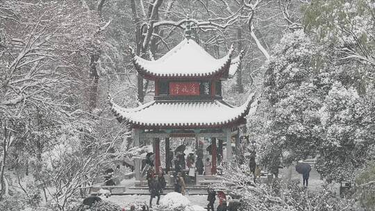 航拍城市风光长沙雪景古建筑爱晚亭雪景