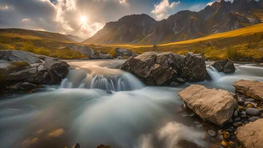 山间溪流与落日风光