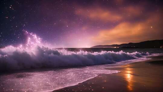 夜晚海边星空海浪景象