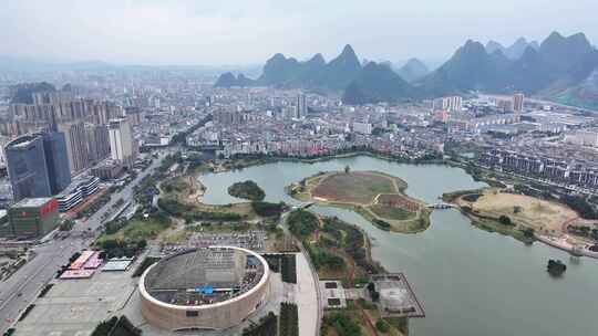 航拍广西贺州艺术中心爱莲湖城市公园