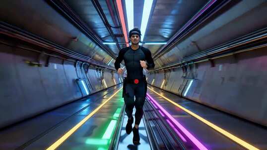 男子在科技感隧道中跑步