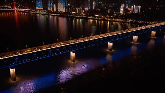 武汉长江大桥江滩夜景航拍