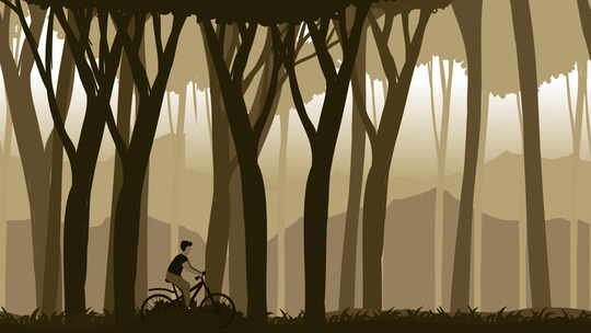 自行车环路二维动画。徒步旅行者骑自行车穿