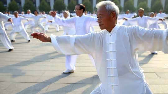 老年人广场集体打太极拳