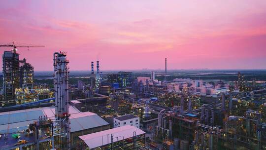 石油化工企业炼油厂夕阳下4k航拍视频素材模板下载