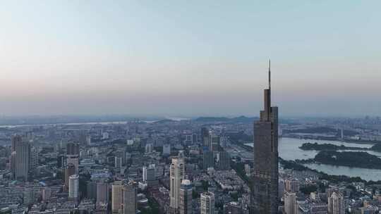 航拍江苏南京中央商务区紫峰大厦夕阳景观