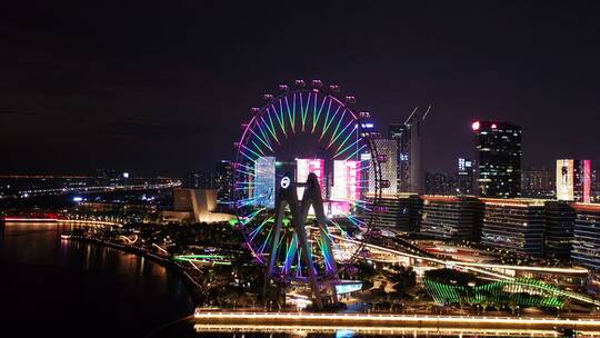 深圳宝安欢乐港湾湾区之光摩天轮夜景拉远