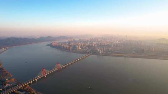 杭州之江大桥日出风景航拍