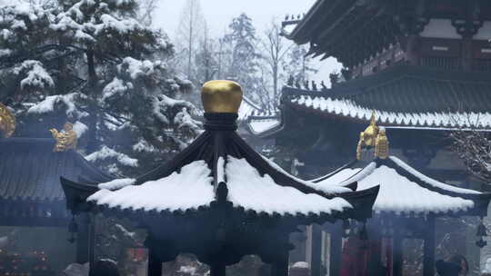 杭州径山寺中式古建筑寺庙雪景