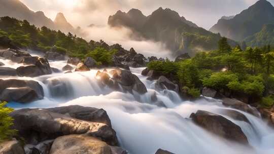 山间溪流与山峦晨光景象