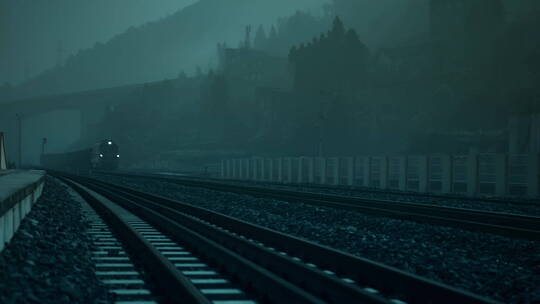 火车清晨行驶过站山里雾气火车站进站
