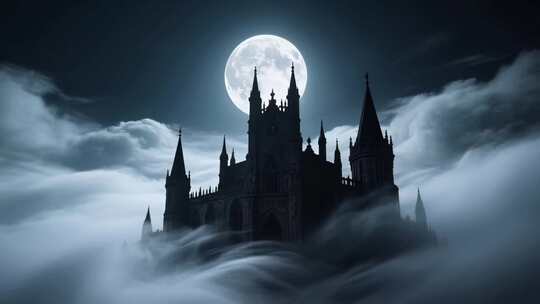 月夜云雾中的神秘城堡