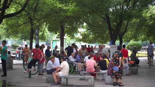 城市公园人文中老年人休闲聊天老年幸福生活