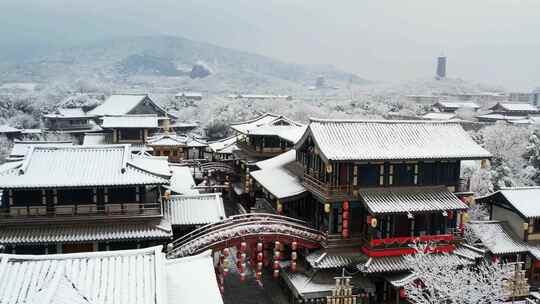 航拍襄阳中国唐城影视基地4K雪景素材