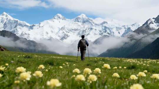 草原花海雪山下的徒步登山者