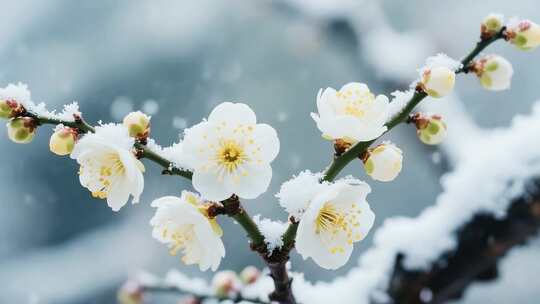 覆雪白梅花枝特写