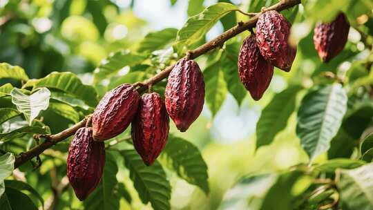 树枝上的可可果实特写