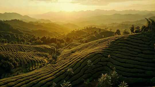 夕阳下的连绵茶山风景