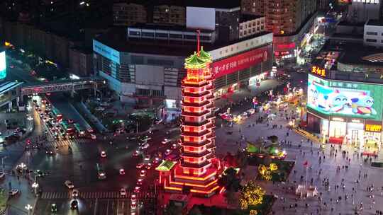 中国河南郑州二七广场 二七塔 夜景航拍