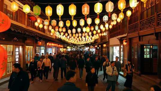 古街灯笼夜景行人素材