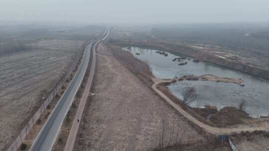 航拍 航拍磁河  公路与水域的全景鸟瞰