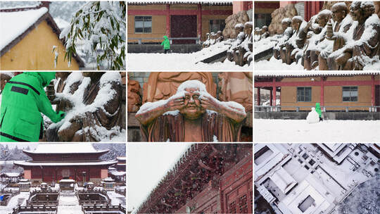 天台山华顶讲寺下雪中小朋友与佛像互动场景高清在线视频素材下载