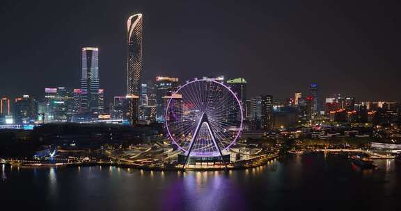 苏州金鸡湖畔苏州之眼摩天轮夜景航拍