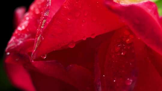 玫瑰花花瓣水珠露水特写，花瓣上的雨滴水滴