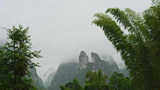 农村下雨雨景远山云雾雨季小雨