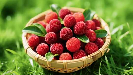 竹篮中新鲜杨梅特写