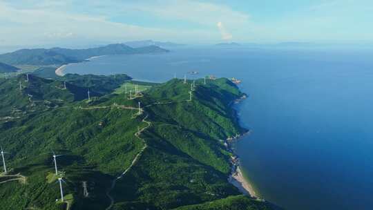 4K 海岛风车山风力发电、绿色清洁能源航拍