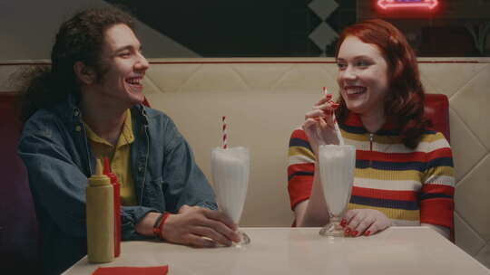 年轻有趣的夫妇在咖啡馆用奶昔约会