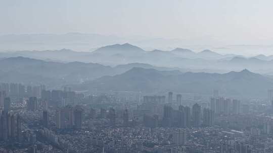 上饶城市清晨迷雾平流层航拍