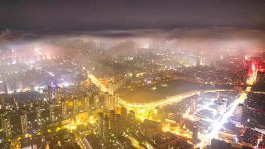 车水马龙列车流平流雾沈阳夜晚航拍夜景风光