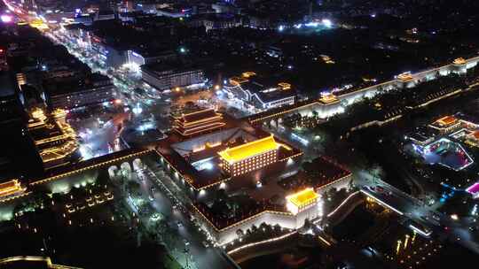 西安城墙航拍特写古城墙复永宁门古城楼夜景