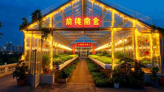 夜晚温室大棚内蔬菜种植景观