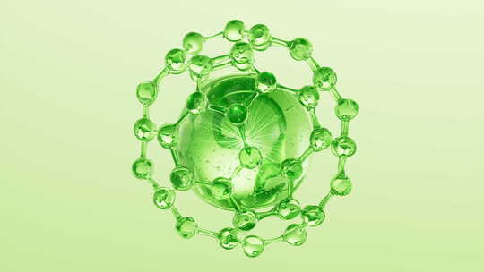 透明绿色护肤品球体与分子三维渲染