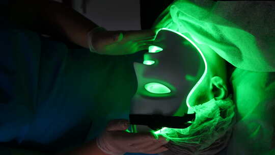 美容师在美容诊所应用LED光抗衰老面膜进行面部皮肤护理