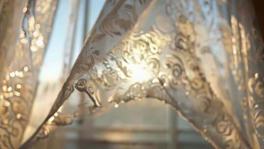 室内透光花纹窗帘特写