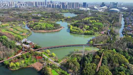 航拍苏州昆山市城市生态森林公园