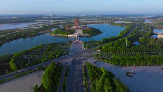 宁夏吴忠黄河楼景区航拍视频素材模板下载