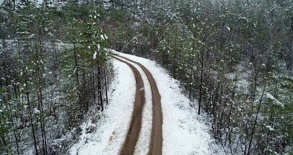 航拍大兴安岭降雪中的森林公路