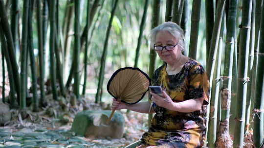 炎热夏天老人老奶奶竹林里乘凉摇扇子