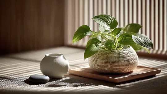 阳光下的日式禅意静物，营造宁静氛围