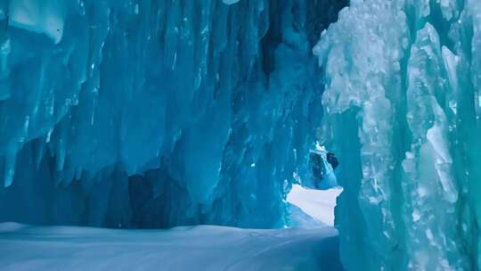 冰洞晶莹 蓝光幽深 冰川环绕 雪原寂静