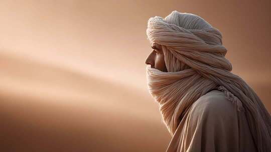 沙漠民族男子身着传统服饰眺望远方