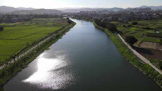 水头双溪水闸农田溪流航拍